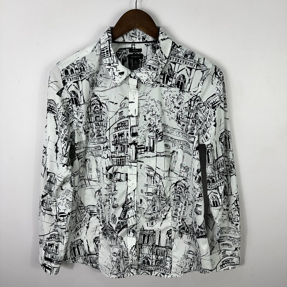 Talbots White Button-Down Shirt with Black Architectural Print